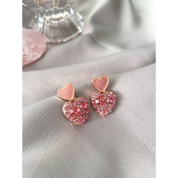 Pink Rhinestone Cluster Heart Earrings. - Picture 2 of 3